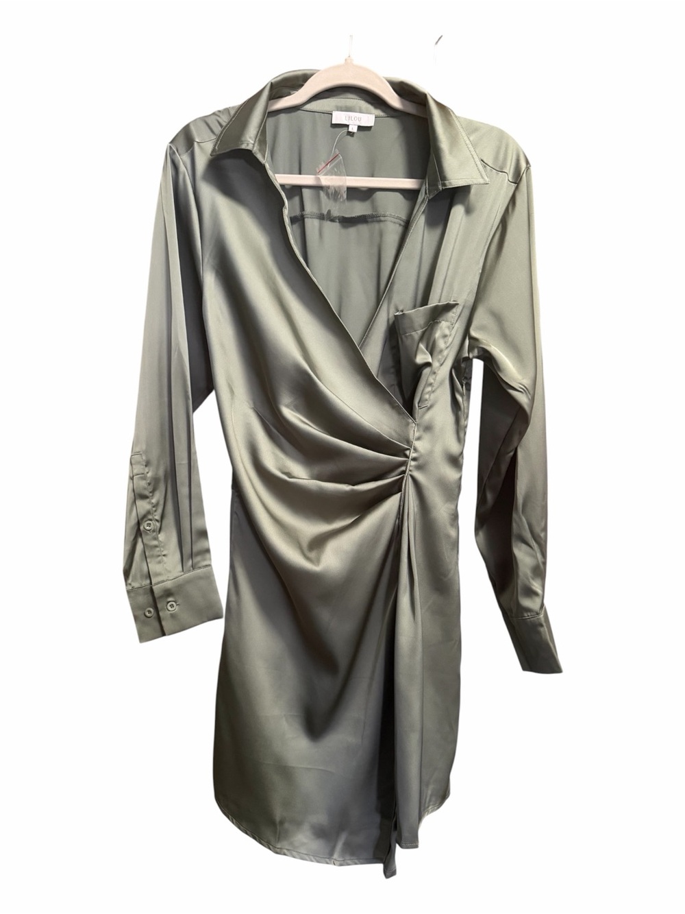 Lilou Satin Long Sleeve Faux Wrap Style Shirt Dress, Size L, XL